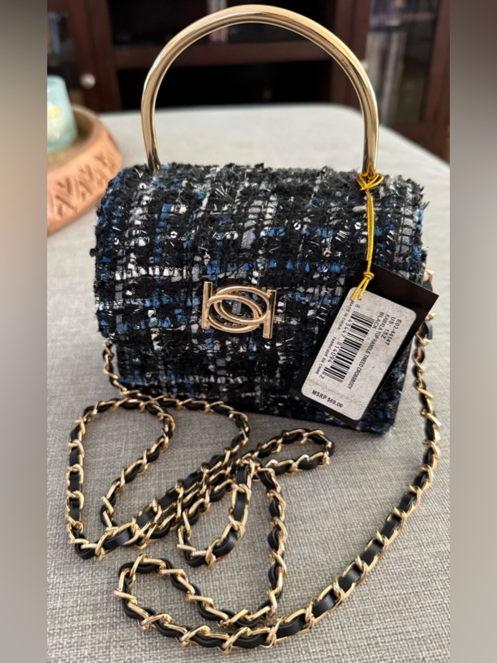 bebe Black & Blue Tweed Mini Top-Handle Crossbody
